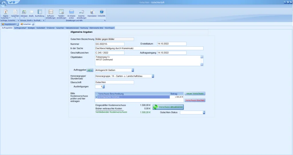 Auftragsdaten und Kostenvorschuss in GutachterSoft 6.0