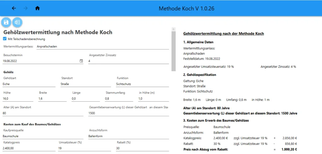 Gehölzwertermittlung nach Methode Koch – Eingabe und Berechnung